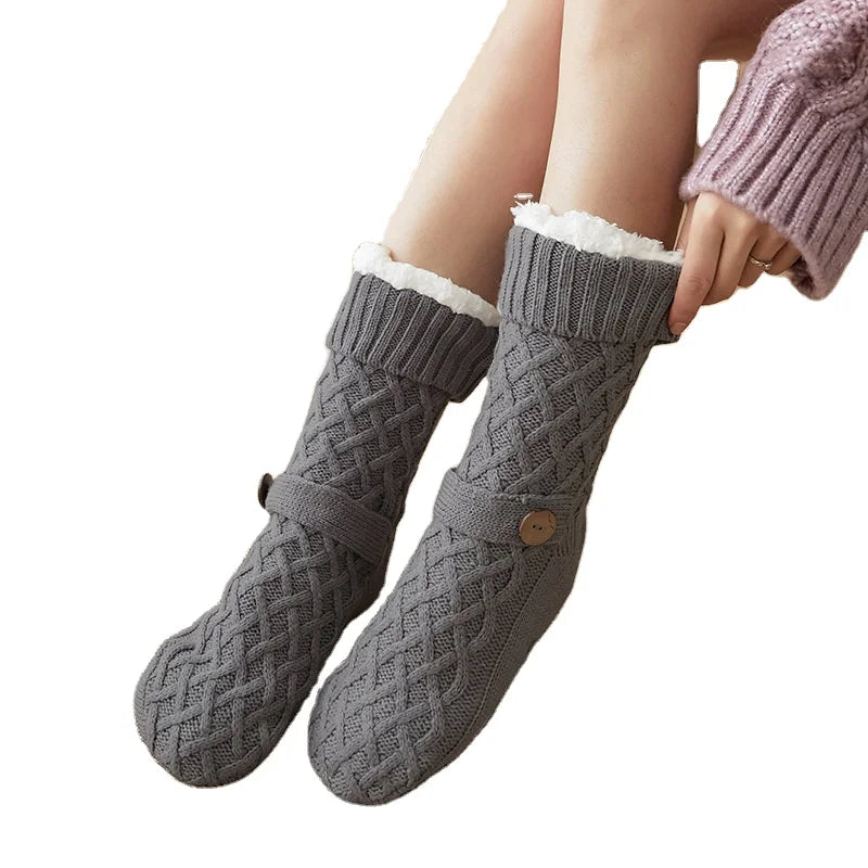 Women's Winter Fashion Lozenge Jacquard Fluffy Fuzzy Velvet Soft Bed Socks Button Christmas Thicken for Daily Use at Home Sleep