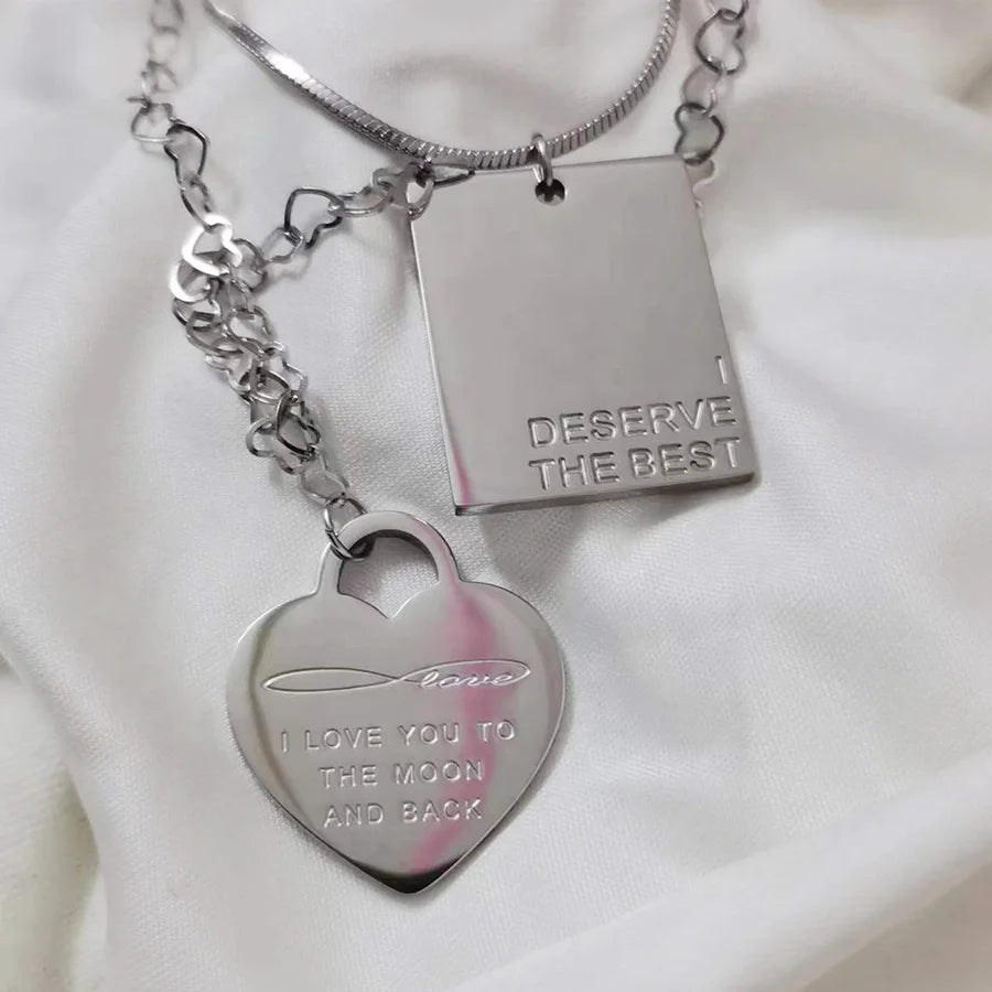Custom logo love Necklace Non Tarnished Engraved Heart Pendant square Rectangular Minimalist Geometry Design Charm Necklace