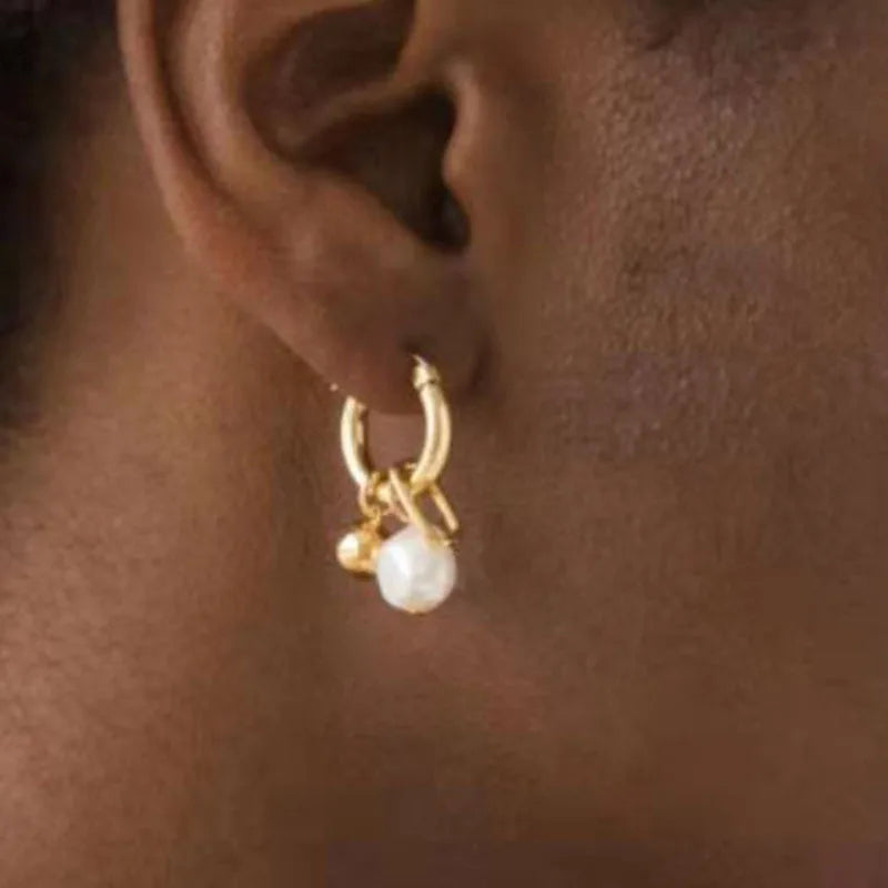 JOOLIM Jewelry PVD 18K Gold Plated Dainty Elegant Pearl Hoop Earring Stainless Steel Jewelry