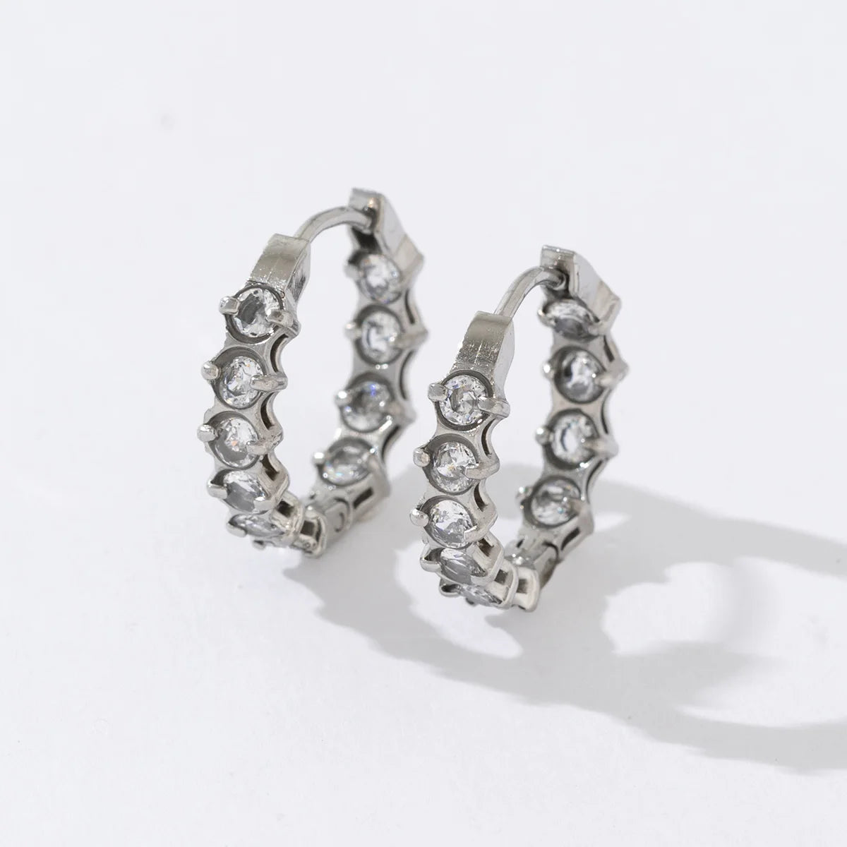 Korean Jewelry Women Fashion White Small Zircon Stainless Steel Silver Color Hoop Earrings