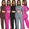 Women's Two Piece Fashionable Casual Women Suit Set Long Crop Long Sleeve Top Trousers Solid Loose