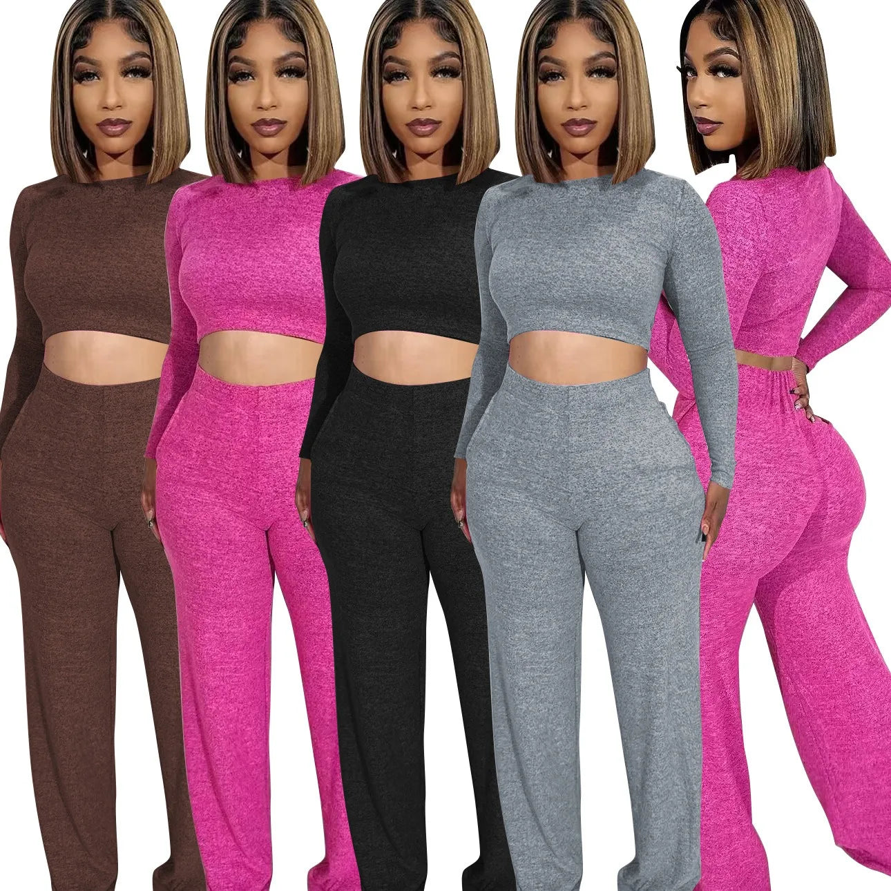 Women's Two Piece Fashionable Casual Women Suit Set Long Crop Long Sleeve Top Trousers Solid Loose