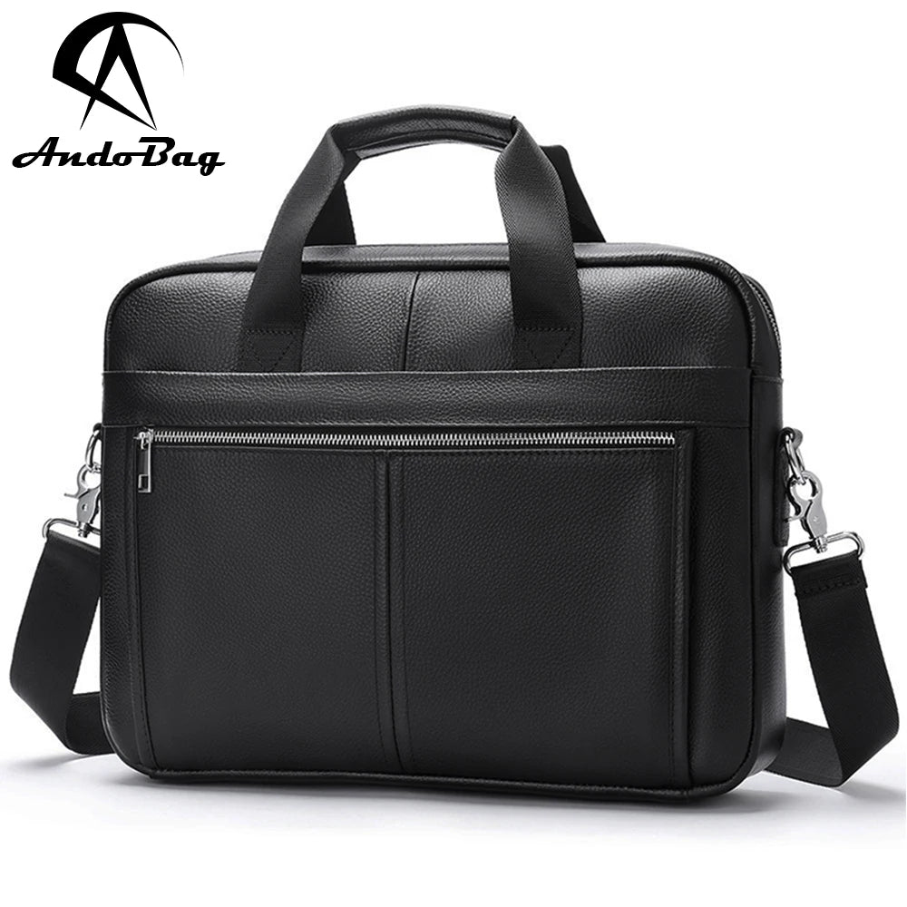 AndoBag 14" Laptop Briefcases for Men Fashion Genuine Cow Leather Business Travel Shoulder Messenger Bag 1401