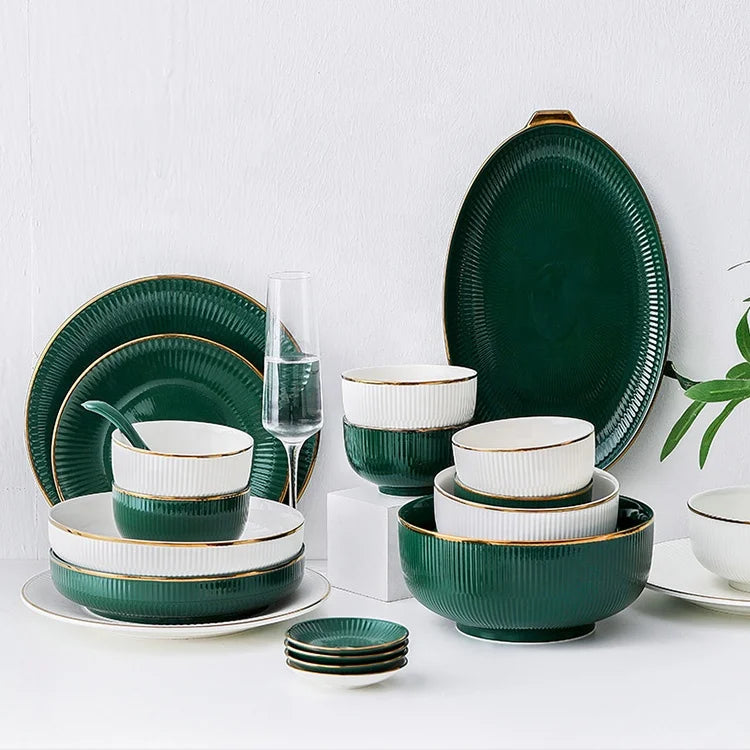 Green Ceramic Dinner Plates Dishes Plates and Bowls Set Catering Plates Salad Soup Bowl Dinnerware Set for Restaurant
