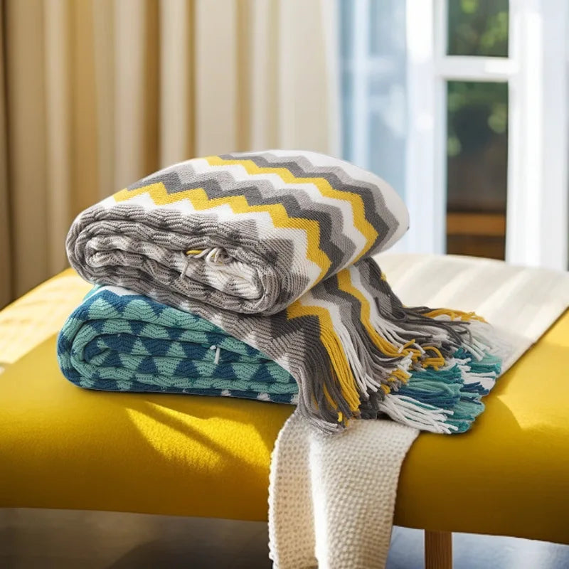 Machine Washable Printed Versatile Wavy Sofa Summer Air-conditioned Nap Bohemian Knitted Striped Living Room Blanket