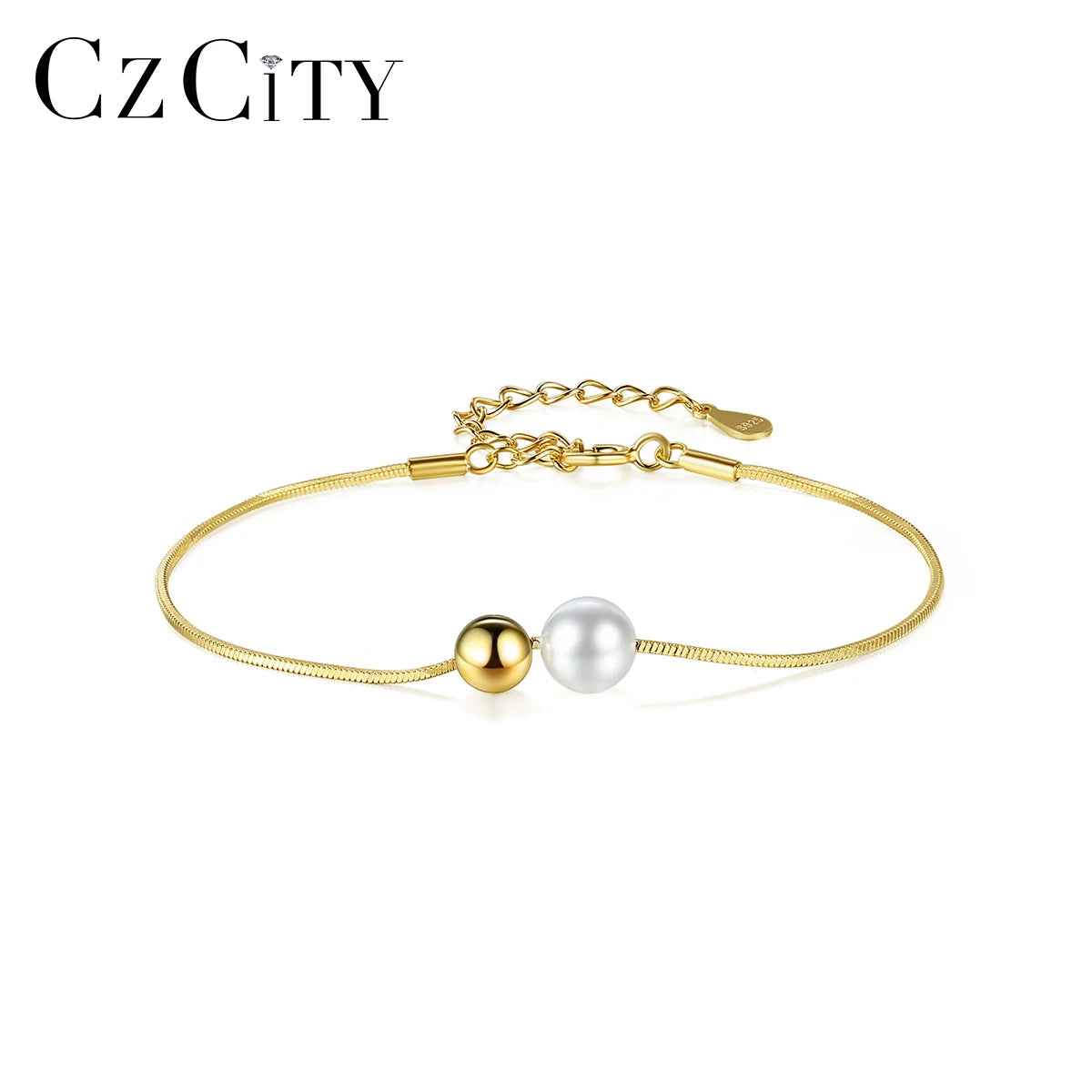 CZCITY Chain Link Jewelry Gold Sterling Silver Trendy Beaded 925 Designer Korean Pearl Charm Bracelet