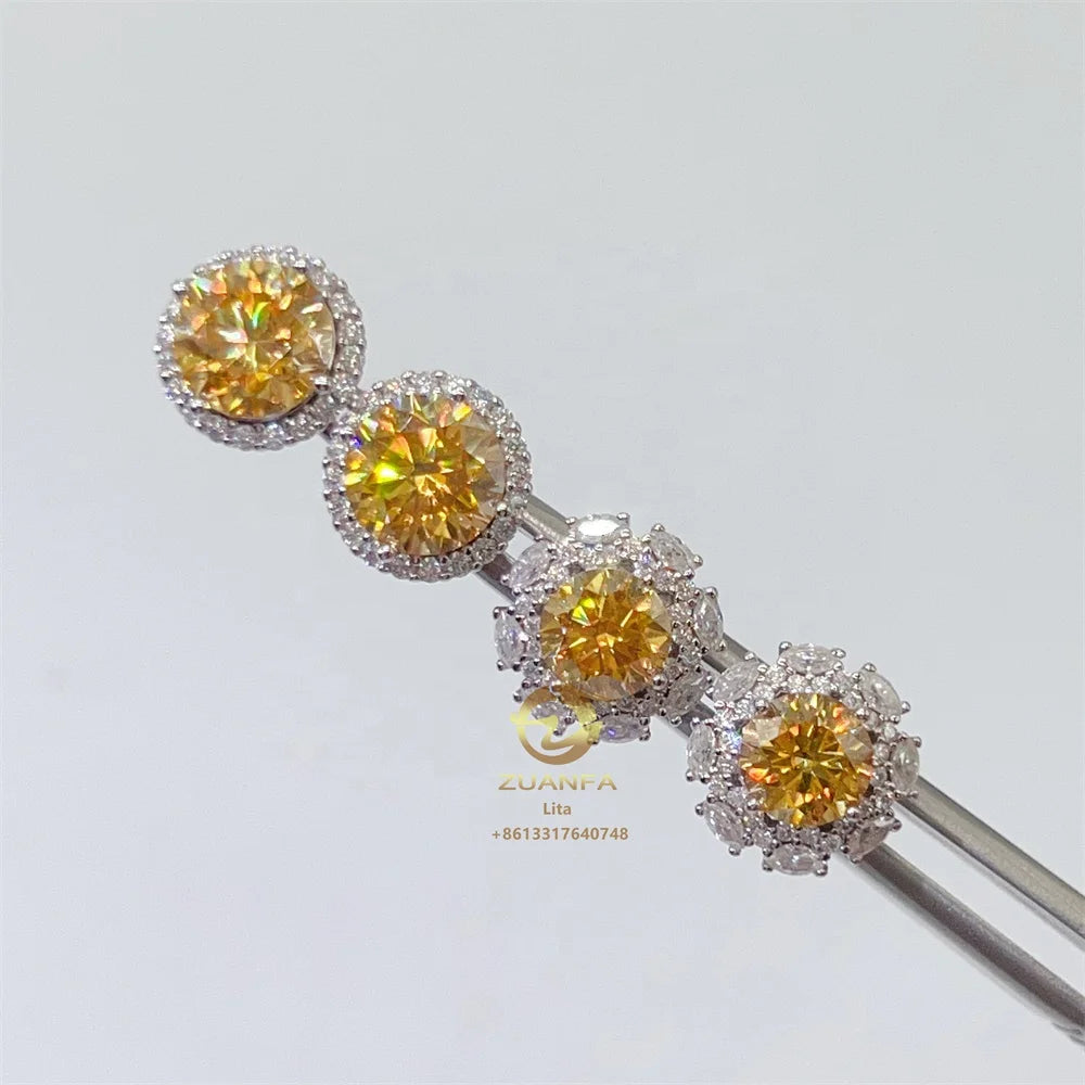 GRA Certificate 925 Sterling Silver 6.5mm Hip Hop champagne Moissanite Screw Back Flower Stud Earrings