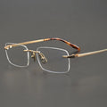 Stylish Blue Light Filter Eyewear for Men Optical Eyeglasses Gold Titanium Frame Taitum Rimless Spectacles Latest Designer Model