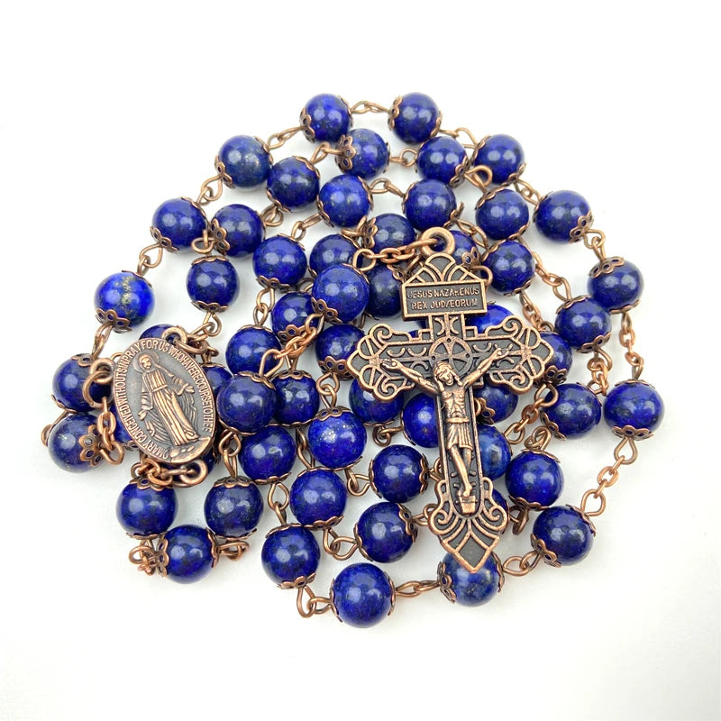 Lazurite Jade Beaded with Christian Miraculous Medal and Cross Catholic Rosary Made of Natural Navy Blue Stones