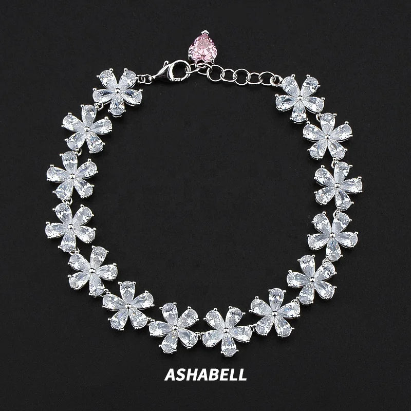 Wholesale Luxury Fashion 925 Sterling Silver White Crystal Zircon Flower Bracelet Women Wedding Jewelry Gift