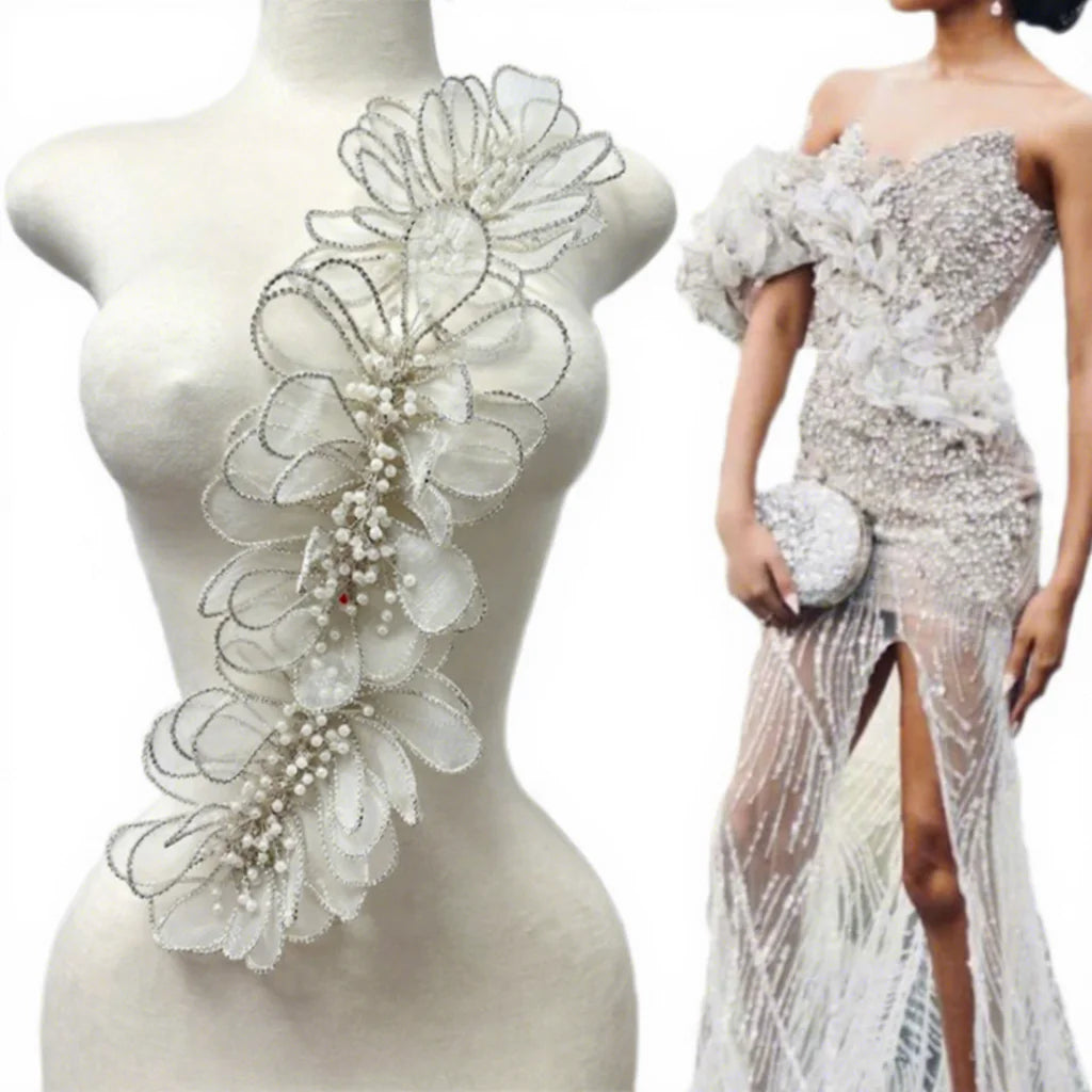 Handmade 3D Wire Work Flower Rhinestones Applique on White Net Glue on Beads Crystal Patches Accessory for Dress Clothes MegaBDM