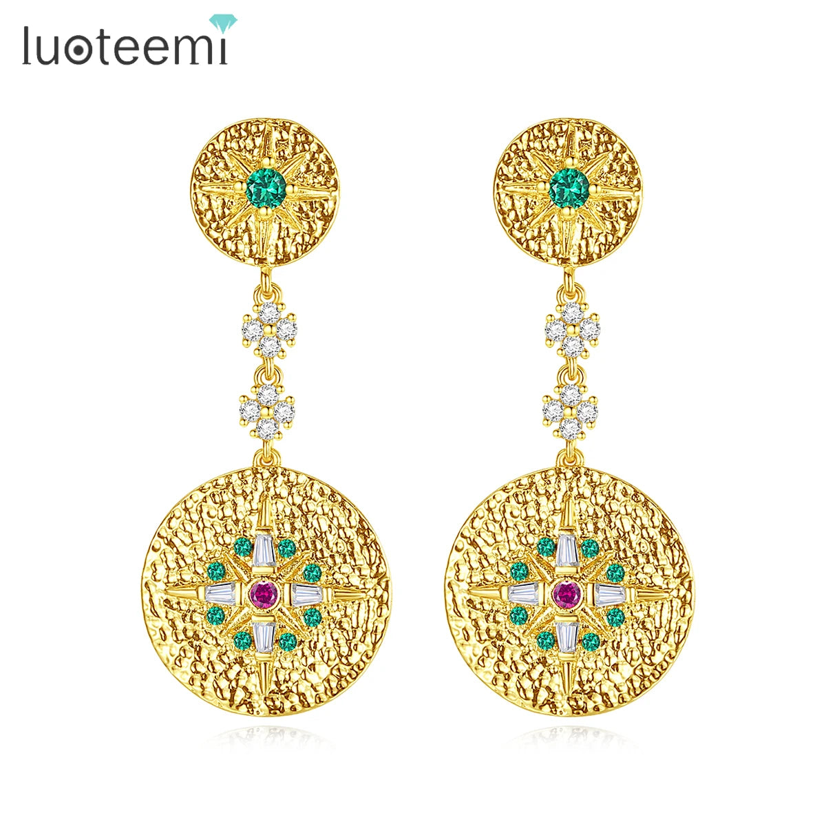LUOTEEMI Round Diamond Stud Earrings Woman Real Gold Plated Muti Zircon Color Big Round Earrings for Women