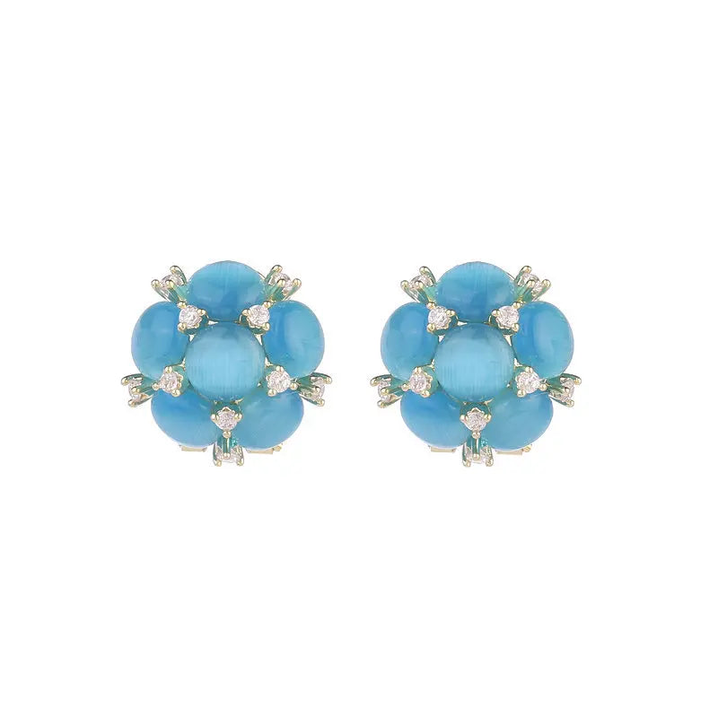 Korean cat Eye Stone Blue Flower Earrings with Personalized Design Simple and High-end Temperament Earrings