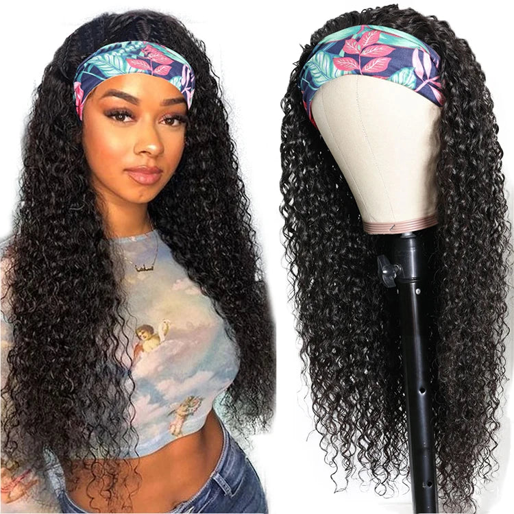 180 Density 20 Inch Kinky Curly Headband Wig Raw Brazilian Remy Wear to Go Glueless Water Wave Headband Human Hair Wig for Women