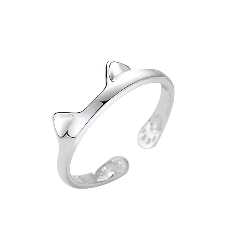 Back to School Trendy Rhodium Plated 925 Sterling Silver Cute Cat Paws Adjustable Rings for Girls