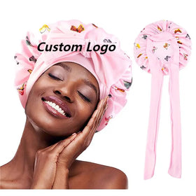 Long Tail Bonnet Custom Logo Butterfly Patterns Printed Knot Adjustable Wind Band Satin Hair Bonnets