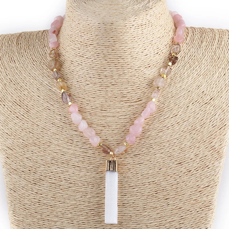 Fashion Jewelry Gift Mix up Color Natural Stone Gravel Necklace Long Rectangle Stone Pendant Choker Necklace