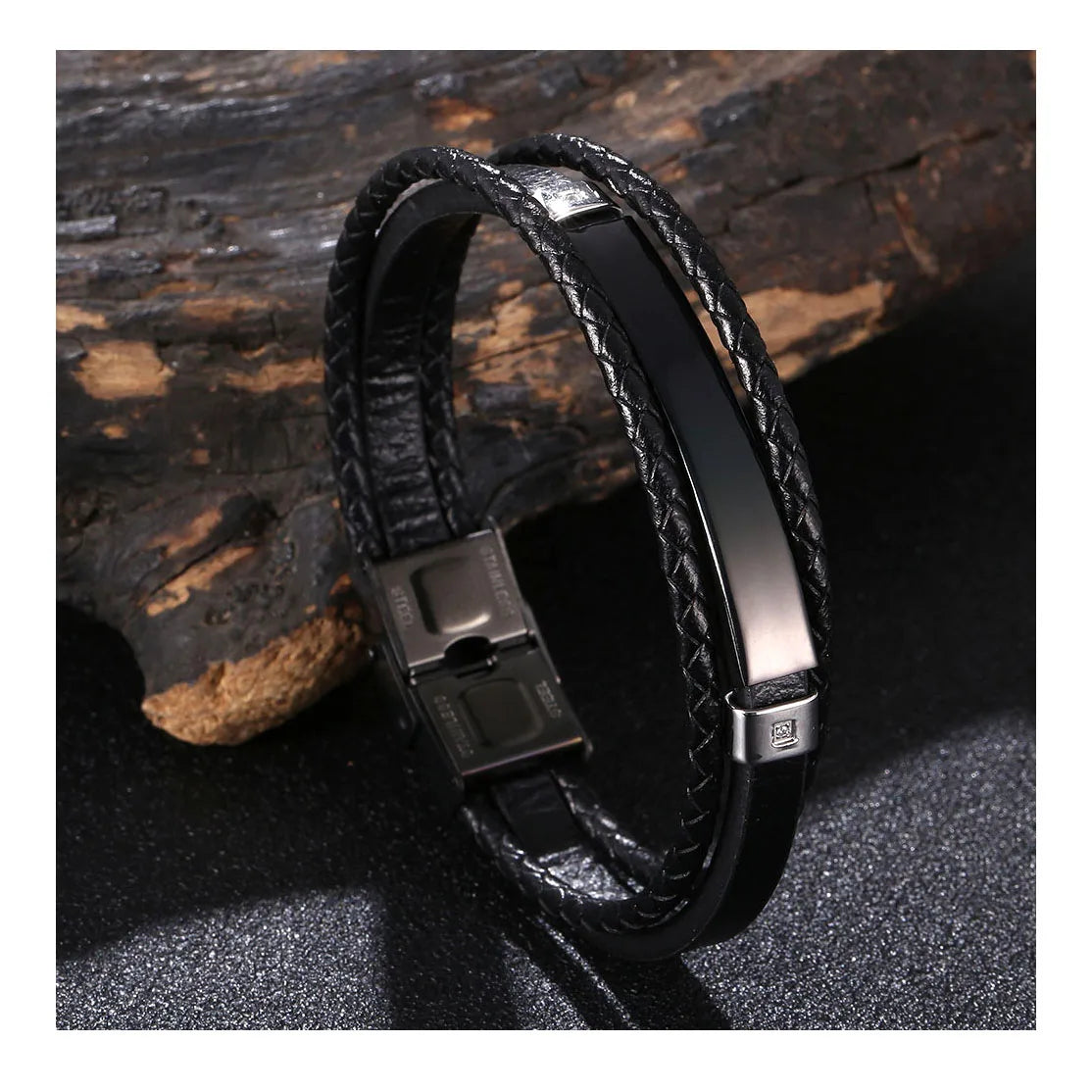 New Arrivals Jewelry Braided Wristband Black Leather Bracelet for Men Engraved Logo Muliti Layer Leather Cuff Bracelet for Men