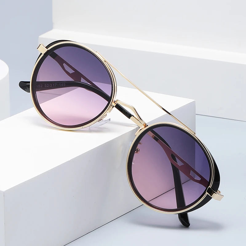 S2552 Designer Brand Luxury Custom High Quality Men Retro Sunglasses Vintage Logo Double Bridge Steam Punk Round Sunglasses