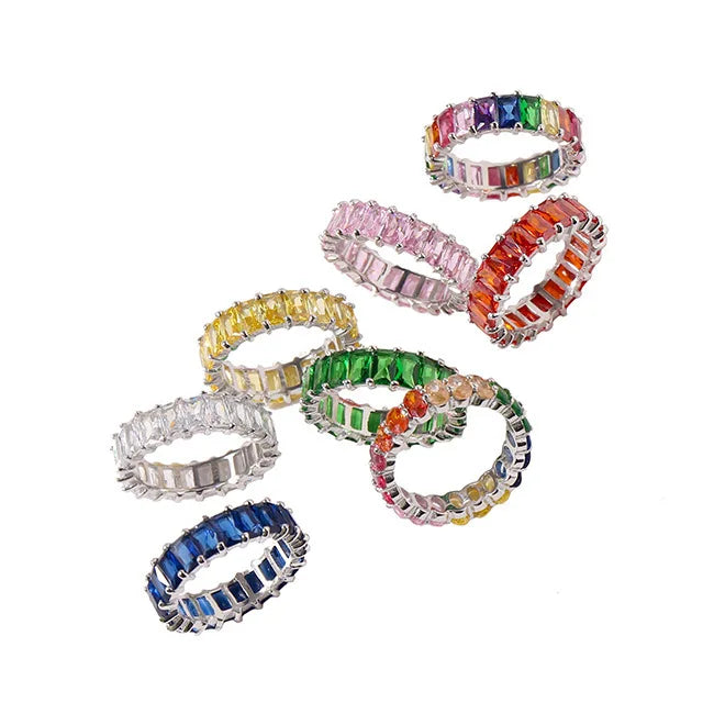 Genuine925 Sterling Silver Rectangle CZ Colorful Eternity Ring