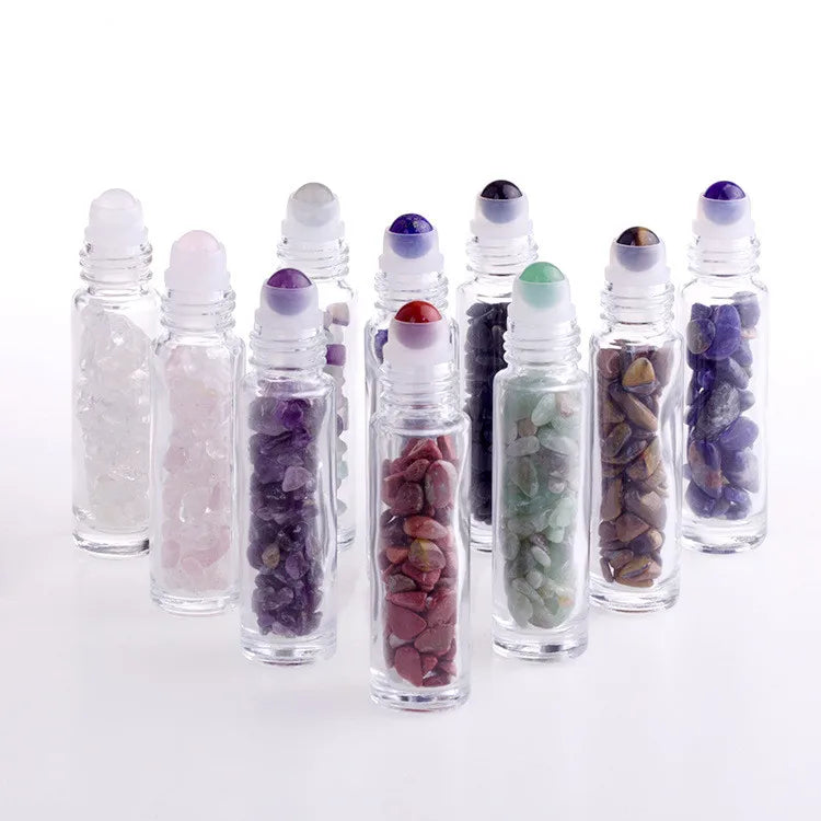 Natural Gemstones 10 ml Glass Roll on Bottles with Crystal Stone Roller Balls & Healing Crystal Chips Inside