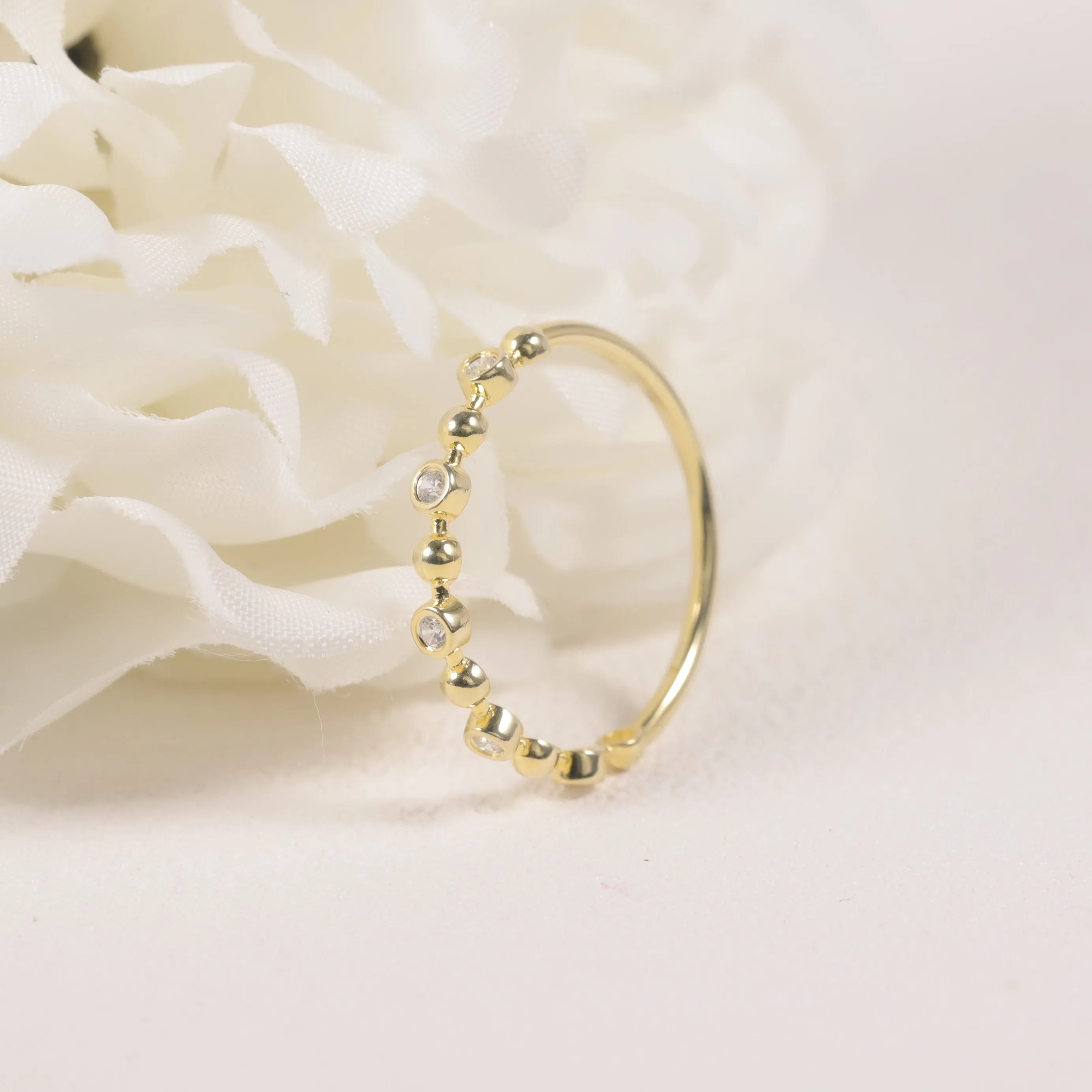 Abiding Hot Selling Chic Melee Lab Grown Diamond Thin 1.5mm Stacking Eternity Band Ring with Solid Gold Beads Decor Wedding Ring