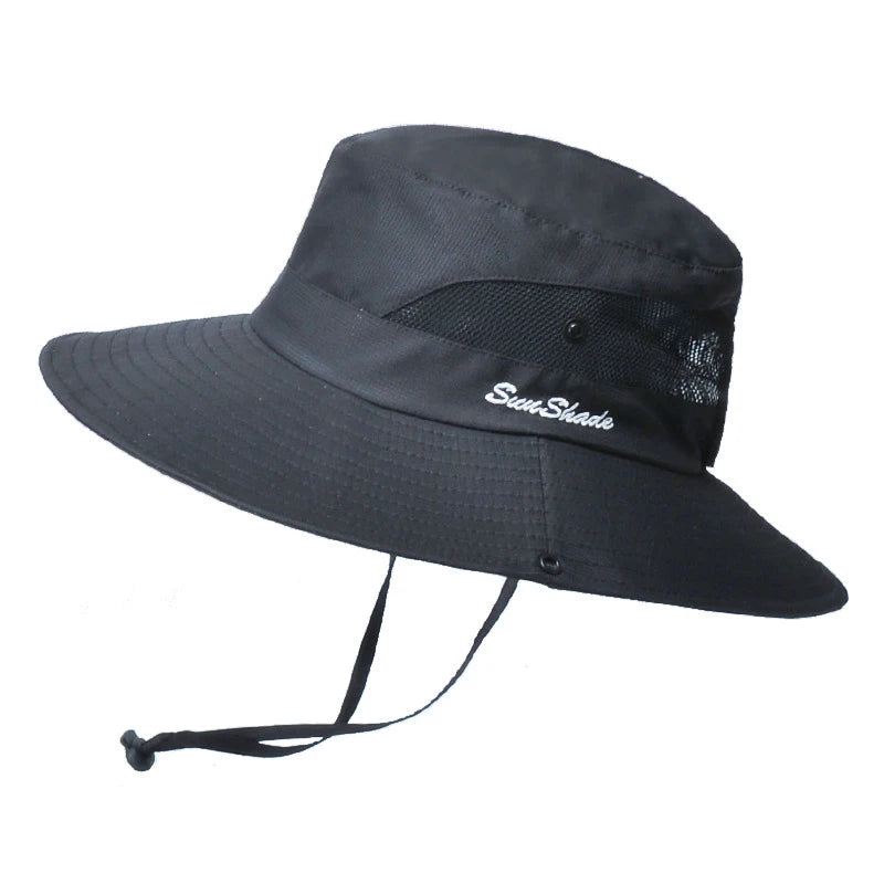 Summer Soild Waterproof Mesh Bucket Hat for Men Women Wide Brim Ponytail Sun Fishing Hat for Camping