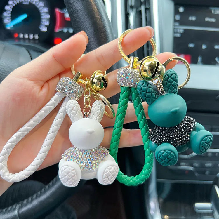 Rhinestones Cute Rabbit Animal Pendant Keychain Keyring Crystal Collar Bunny Charm Key Chain for Couple Car Bag Lovely Gift
