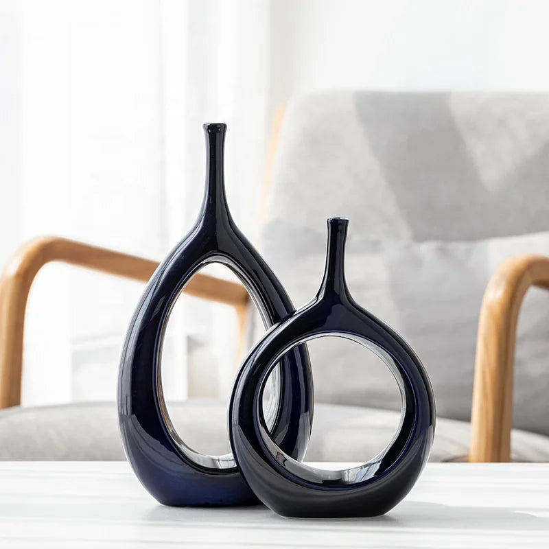 Set of 2 Modern Home Decor Tall Farmhouse Floor Donut Hollow White Ceramic Vases Minimalist Design Tabletop Vase for Home Decor