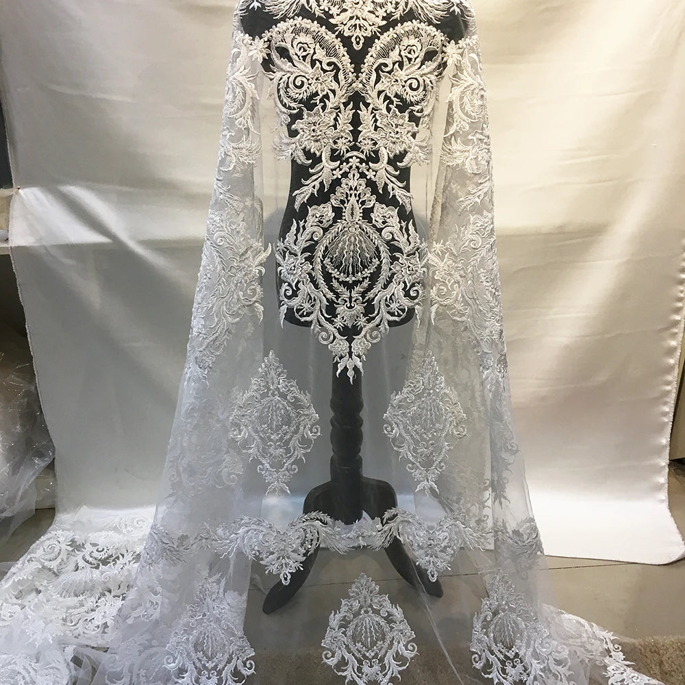 Luxury Designer Handmade Wedding Lace Fabric Heavy Beaded Lace Fabric Embroidery Tulle With Sequins for Bridal Gowns