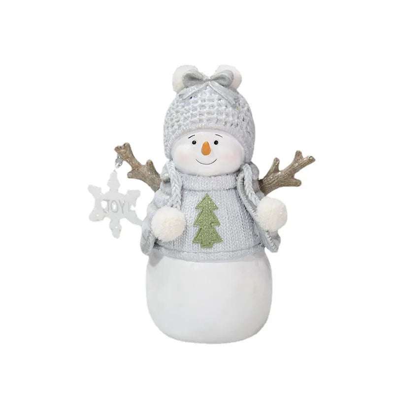 2024 Christmas Resin Woodcut Effect Snowman Statue Holding Bird Wearing Woolen Clothes With Snowflake Decoration