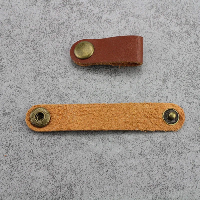 Custom Logo USB Cable Winder Genuine Leather Data Wire Organizer with Desk Earphone Clips Cord Holder Wrap Strap Storage Patches