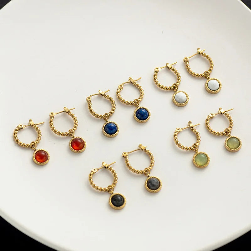 HOVANCI Round Hoop Earrings 02  Stainless Steel Gold Plated Crystal Natural Stone Twisted Hoop Earring