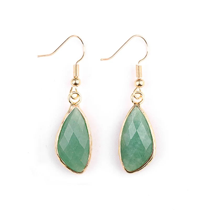 Newest Selling Natural Green Aventurine Long Drop Gemstone Earring Women's Gold Plated  Earrings Jewelry