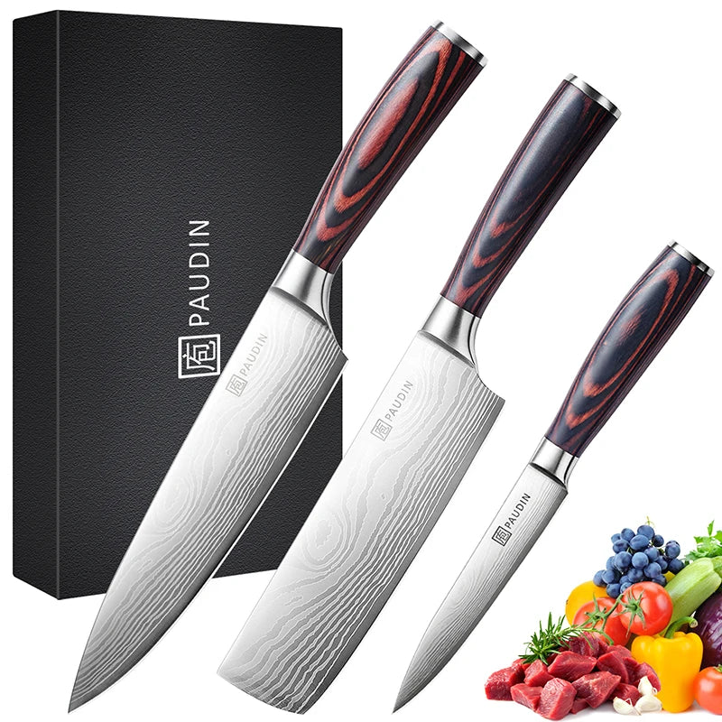 3PCS Kitchen Knife Set With Ultra Sharp Stainless Steel Blade and Wooden Handle Cleaver Utility Cooking Chef Knife Set