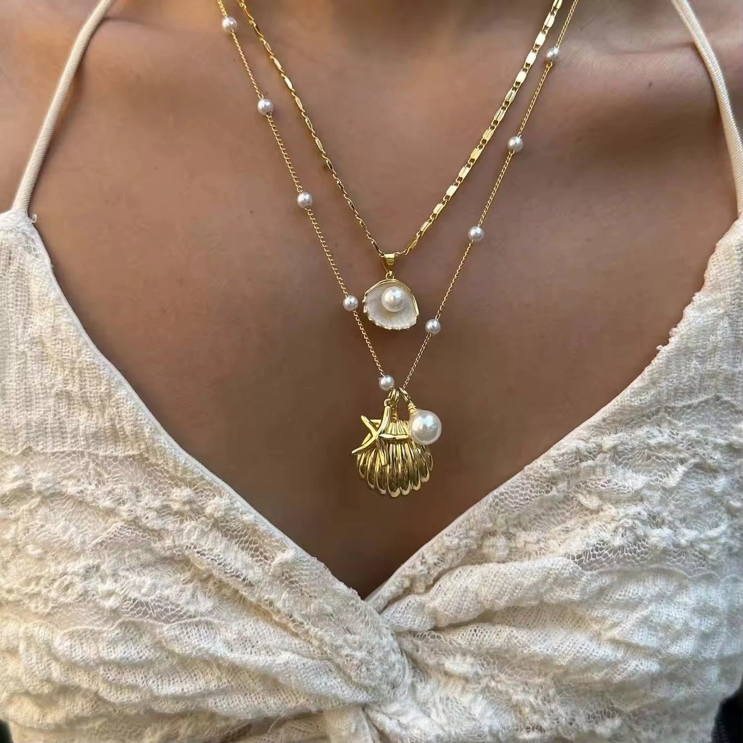 Summer Feminine Gold Plated Stainless Steel French Conch Pearl Shell Necklace Waterproof Jewelry Inspired Sea Life Fashionable