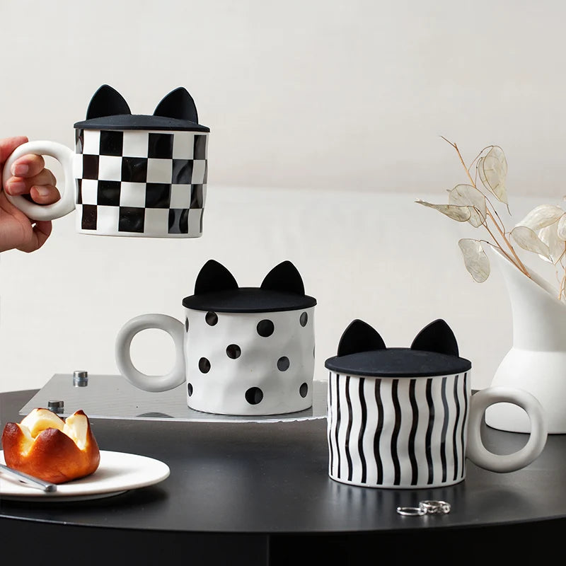 Creative Design Ceramic Coffee Cup Breakfast Afternoon Tea Milk Mug With Handle and Silicone Lid Office Restaurant Drinkware Set