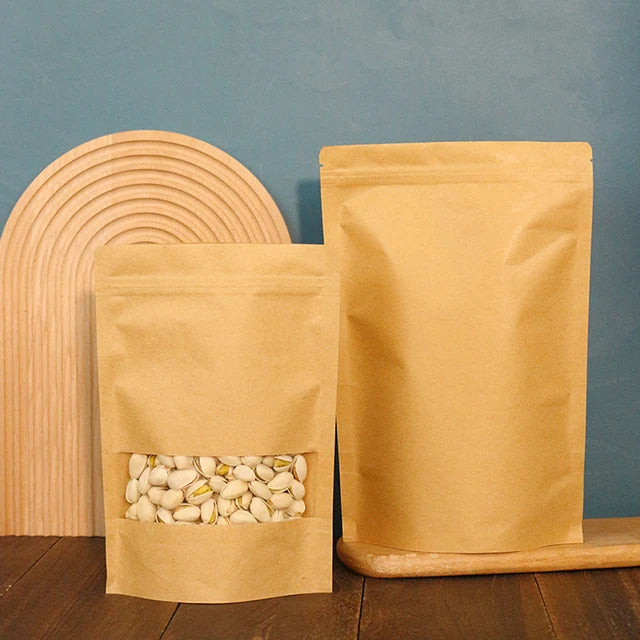 Brown and White Kraft Ziplock Stand-Up Pouches for Food Sugar Pet Food Packaging with Window Durable Paper Bags