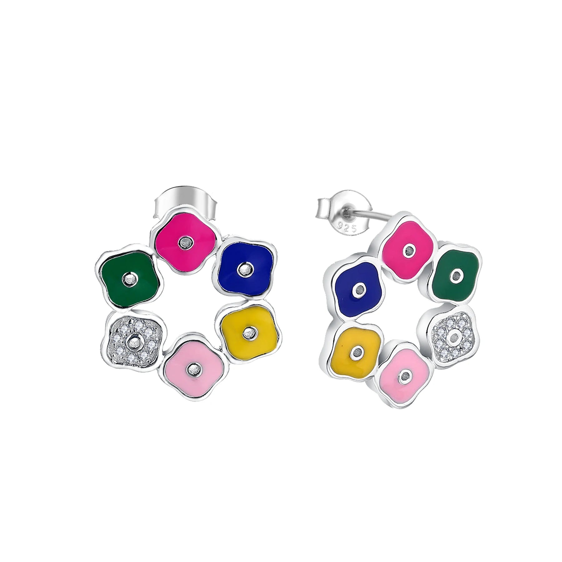 Cute Colorful Enamel Flower Stud Earring Sterling Silver Asymmetry Color Cartoon Flower Earrings
