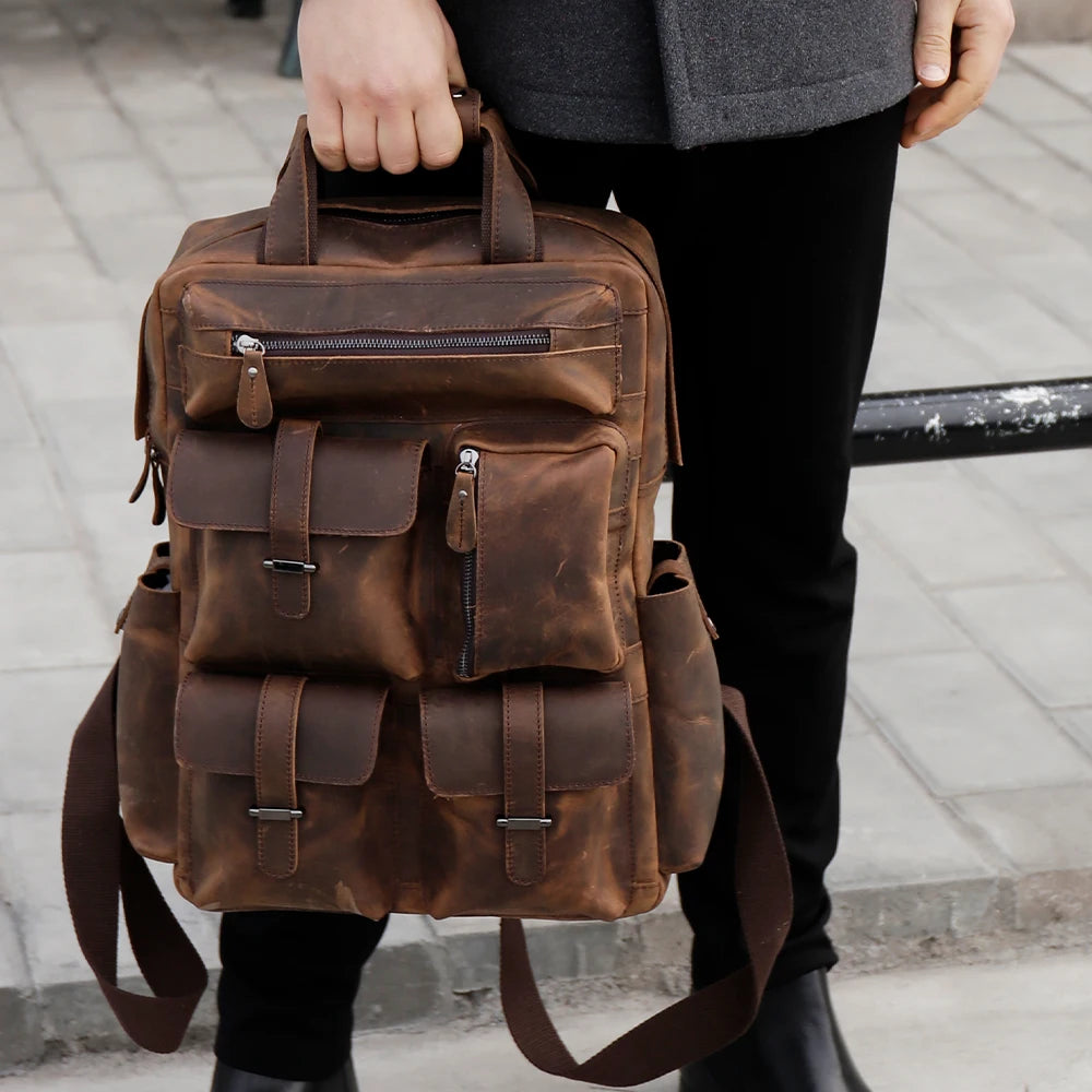 Marrant 3506 Luxury Multi Pockets School Business Travel Daypack Vintage Genuine Leather Large Capacity Men Leather Backpack