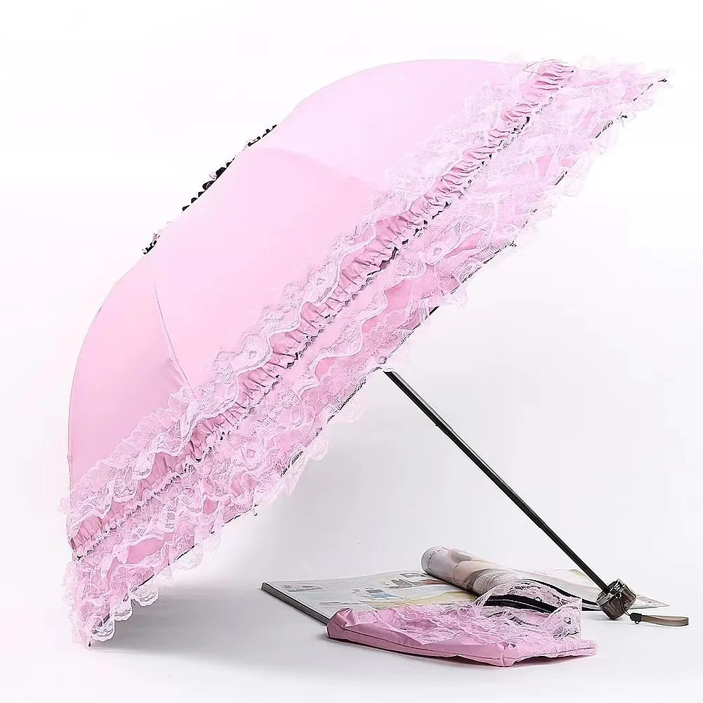 In Bulk Wholesale Pink Lace Sunscreen Anti-ultraviolet UV Umbrella Compact Size 3-folding Red Wedding Umbrella With Logo
