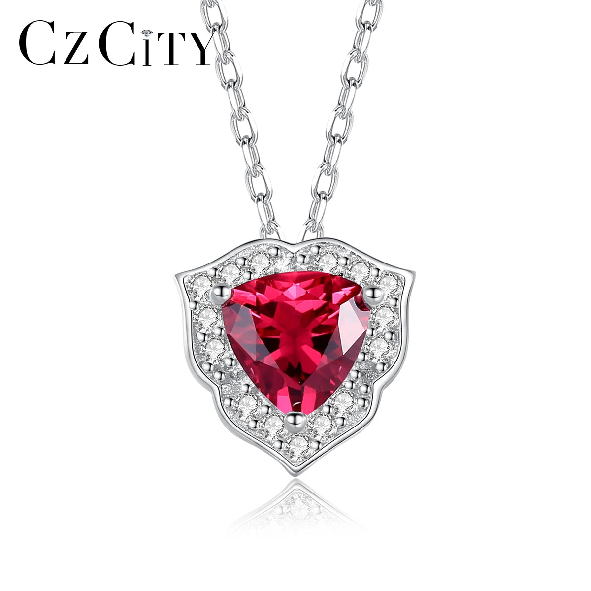 CZCITY Fantastic Triangulum Shape Red Heart Gemstone Sterling Silver 925 Necklaces Wholesale