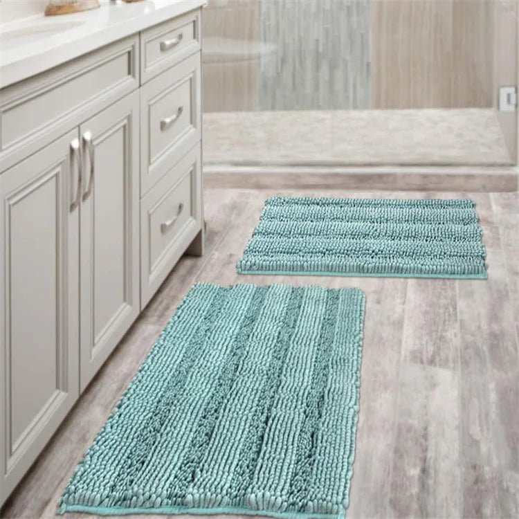 100% Chenille Non-Slip Soft Plush Shaggy Bath Mats with Striped Pattern for Entryway Bathroom