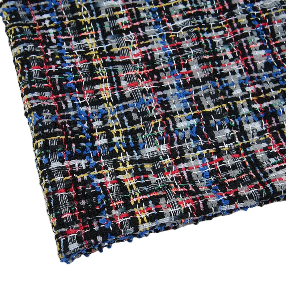 New Arrival 100% Polyester RTS Tweed Fabric with Black Sequins Colorful Yarn Dyed for Ladies' Jacket Suit Overcoat