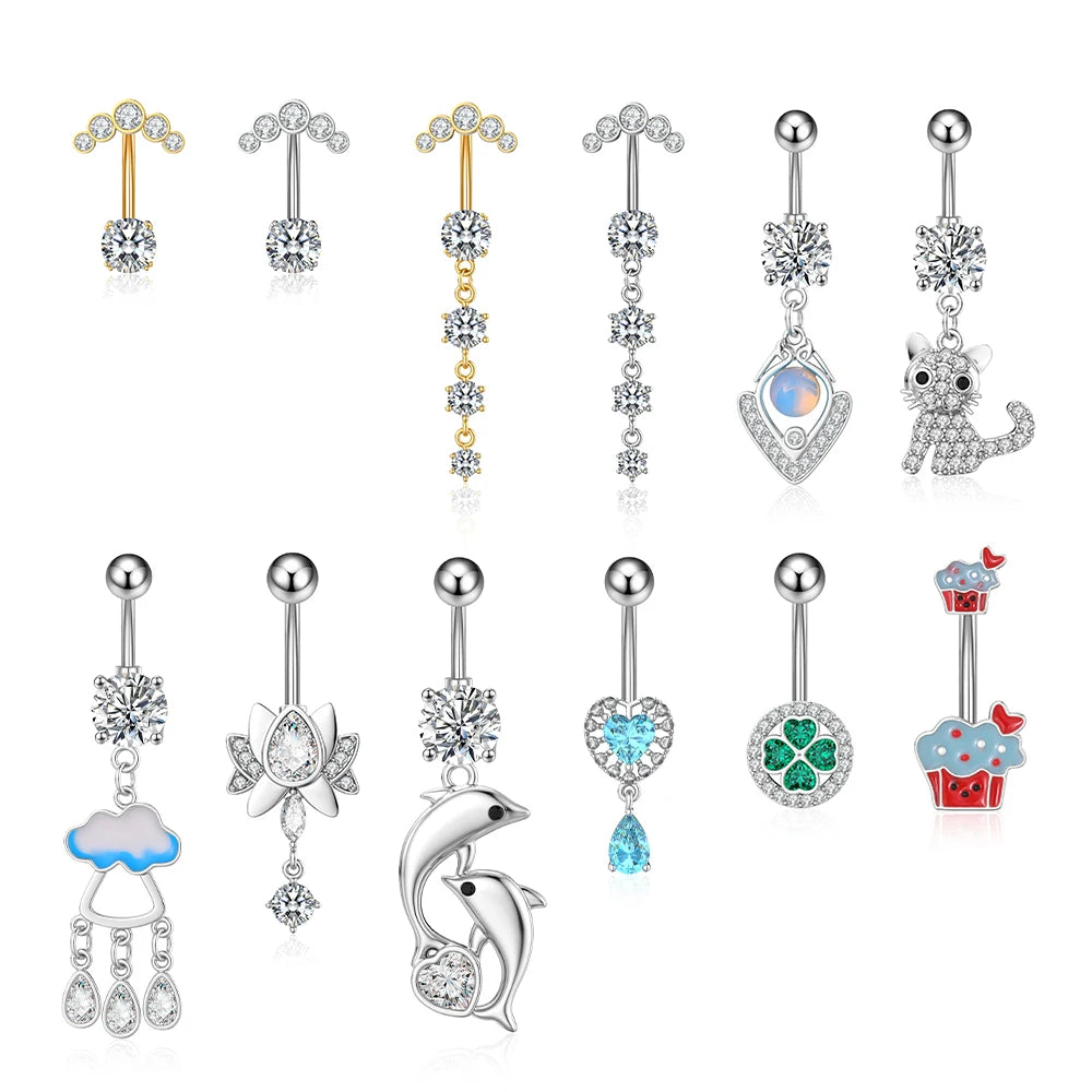 Set 10 Big Zircon Navel Rings Kitten Ice Cream Belly Button Piercing Surgical Steel Trendy Jewelry Fashion Piercing Jewelry
