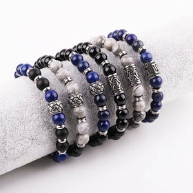 High Quality New Design 8mm Natural Stone Vintage Stainless Steel Beads Gemstone Elastic Bracelet JBS12542
