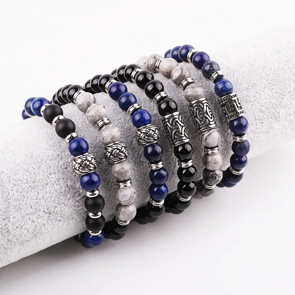 High Quality New Design 8mm Natural Stone Vintage Stainless Steel Beads Gemstone Elastic Bracelet JBS12542