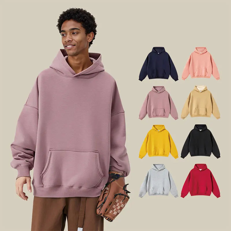 Men's Winter Thick Hooded Sweatshirt with Plush Jacket Loose Lambswool off Shoulder Sleeves Round Neck Top