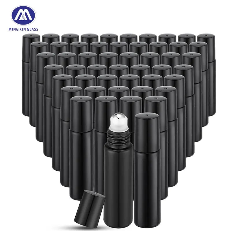 Mingxin Luxury 10ml Round Perfume Roller Bottle Black UV Glass Cosmetic Body Lotion Refillable Essential Oil Roll on
