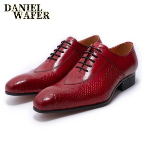 `Fashion Oxford Snake Print Red Black Pointed Toe Strap Men's Formal Leather Shoes Genuine Leather